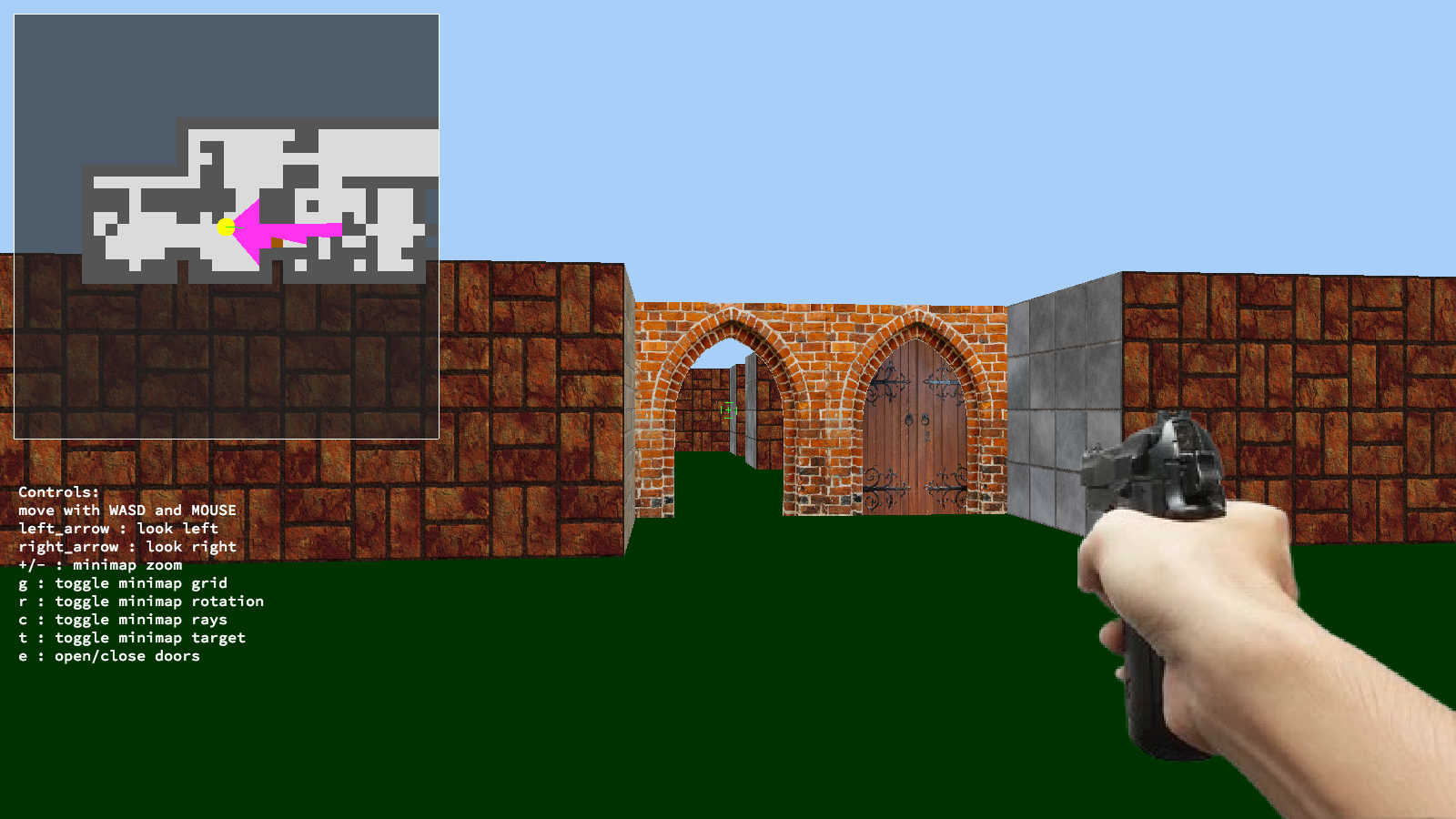 Player's point of view in the game. Walls, doors, player's hand holding a pistol, and the minimap
