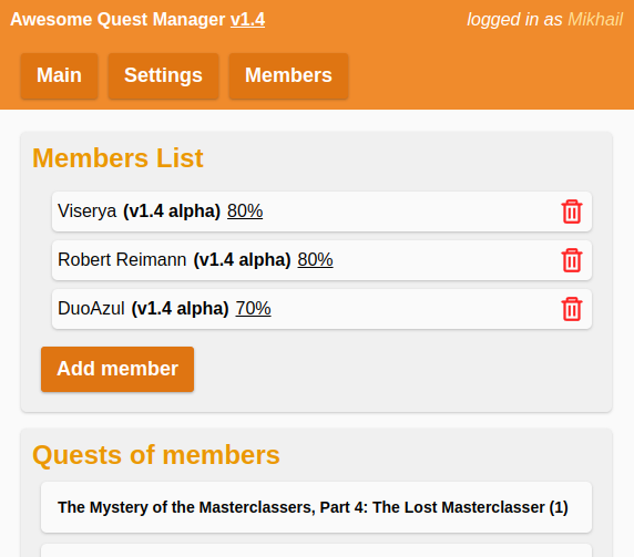 List of party members and their quests